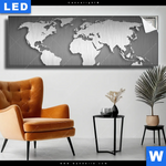Leuchtbild Weltkarte Edelstahloptik Panorama Produktvorschau mit dem Bild Weltkarte Edelstahloptik im Format Panorama.