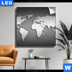 Leuchtbild Weltkarte Edelstahloptik Quadrat Produktvorschau mit dem Bild Weltkarte Edelstahloptik im Format Quadrat.