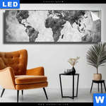Leuchtbild Weltkarte Grautoene Panorama Produktvorschau mit dem Bild Weltkarte Grautöne im Format Panorama.