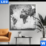 Leuchtbild Weltkarte Grautoene Quadrat Produktvorschau mit dem Bild Weltkarte Grautöne im Format Quadrat.