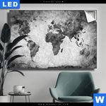 Leuchtbild Weltkarte Grautoene Querformat Produktvorschau mit dem Bild Weltkarte Grautöne im Format Querformat.