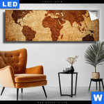 Leuchtbild Weltkarte Rostoptik Panorama Produktvorschau mit dem Bild Weltkarte Rostoptik im Format Panorama.