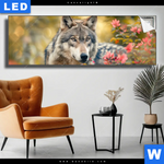 Leuchtbild Wolfsblick Im Fruehling Panorama Produktvorschau mit dem Bild Wolfsblick im Frühling im Format Panorama.