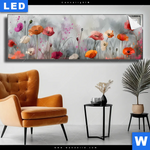 Leuchtbild Zarte Mohnblumen Im Wind Panorama Produktvorschau mit dem Bild Zarte Mohnblumen im Wind im Format Panorama.