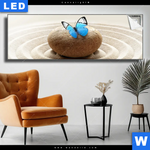 Leuchtbild Zen Stein Mit Schmetterling Panorama Produktvorschau mit dem Bild Zen Stein mit Schmetterling im Format Panorama.