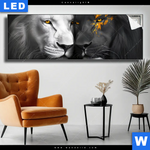 Leuchtbild Zwei Loewen Schwarz Weiss Panorama Produktvorschau mit dem Bild Zwei Löwen Schwarz & Weiß im Format Panorama.