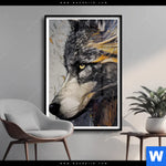 Poster Abstrakter Wolf In Gold Und Grau Hochformat Produktvorschau mit dem Bild Abstrakter Wolf in Gold und Grau im Format Hochformat.