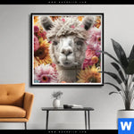 Poster Alpaka Mit Blumen Quadrat Produktvorschau mit dem Bild Alpaka mit Blumen im Format Quadrat.