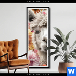 Poster Alpaka Mit Blumen Schmal Produktvorschau mit dem Bild Alpaka mit Blumen im Format Schmal.