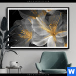 Poster Blueten Gold Weiss Querformat Produktvorschau mit dem Bild Blüten Gold & Weiß im Format Querformat.