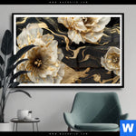 Poster Blueten Gold Weiss Schwarz Querformat Produktvorschau mit dem Bild Blüten Gold Weiß Schwarz im Format Querformat.
