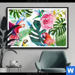 Poster Blumen Papageien Aquarell Querformat Produktvorschau mit dem Bild Blumen & Papageien Aquarell im Format Querformat.