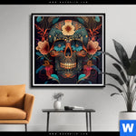 Poster Blumenschaedel Schwarz Quadrat Produktvorschau mit dem Bild Blumenschädel schwarz im Format Quadrat.