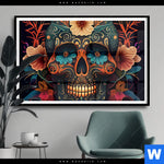 Poster Blumenschaedel Schwarz Querformat Produktvorschau mit dem Bild Blumenschädel schwarz im Format Querformat.