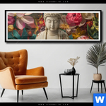 Poster Buddha In Farbenfrohen Blumen Panorama Produktvorschau mit dem Bild Buddha in farbenfrohen Blumen im Format Panorama.
