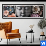 Poster Buddha Kunst Mit Pastellblueten Panorama Produktvorschau mit dem Bild Buddha-Kunst mit Pastellblüten im Format Panorama.