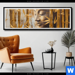 Poster Buddha Statue Im Goldenen Bambus Panorama Produktvorschau mit dem Bild Buddha-Statue im goldenen Bambus im Format Panorama.