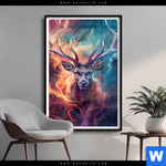 Poster Bunter Hirsch In Flammen Hochformat Produktvorschau mit dem Bild Bunter Hirsch in Flammen im Format Hochformat.