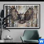 Poster Eule Im Birkenwald Querformat Produktvorschau mit dem Bild Eule im Birkenwald im Format Querformat.