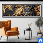 Poster Eule Und Goldene Blaetter Panorama Produktvorschau mit dem Bild Eule und goldene Blätter im Format Panorama.