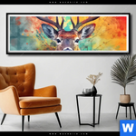 Poster Farbenfrohes Hirschportraet Panorama Produktvorschau mit dem Bild Farbenfrohes Hirschporträt im Format Panorama.