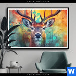 Poster Farbenfrohes Hirschportraet Querformat Produktvorschau mit dem Bild Farbenfrohes Hirschporträt im Format Querformat.