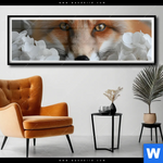 Poster Friedlicher Fuchs Und Blumen Panorama Produktvorschau mit dem Bild Friedlicher Fuchs und Blumen im Format Panorama.