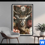 Poster Friedlicher Hirsch Und Blueten Hochformat Produktvorschau mit dem Bild Friedlicher Hirsch und Blüten im Format Hochformat.