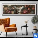 Poster Friedlicher Hirsch Und Blueten Panorama Produktvorschau mit dem Bild Friedlicher Hirsch und Blüten im Format Panorama.