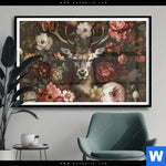 Poster Friedlicher Hirsch Und Blueten Querformat Produktvorschau mit dem Bild Friedlicher Hirsch und Blüten im Format Querformat.