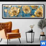 Poster Goldene Blumen Auf Blau Panorama Produktvorschau mit dem Bild Goldene Blumen auf Blau im Format Panorama.