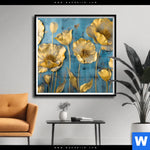 Poster Goldene Blumen Auf Blau Quadrat Produktvorschau mit dem Bild Goldene Blumen auf Blau im Format Quadrat.