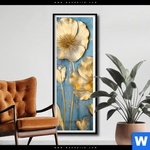 Poster Goldene Blumen Auf Blau Schmal Produktvorschau mit dem Bild Goldene Blumen auf Blau im Format Schmal.