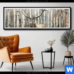 Poster Hirsch Im Birkenwald Panorama Produktvorschau mit dem Bild Hirsch im Birkenwald im Format Panorama.