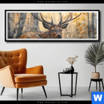 Poster Hirsch Im Morgenlicht Panorama Produktvorschau mit dem Bild Hirsch im Morgenlicht im Format Panorama.