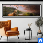 Poster Hirsch In Gebirgslandschaft Panorama Produktvorschau mit dem Bild Hirsch in Gebirgslandschaft im Format Panorama.