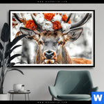 Poster Hirsch Mit Blumenkrone Querformat Produktvorschau mit dem Bild Hirsch mit Blumenkrone im Format Querformat.