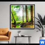 Poster Idyllischer Wald Bei Sonnenaufgang Quadrat Produktvorschau mit dem Bild Idyllischer Wald bei Sonnenaufgang im Format Quadrat.