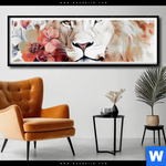 Poster Loewe Mit Blumen Panorama Produktvorschau mit dem Bild Löwe mit Blumen im Format Panorama.