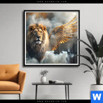 Poster Loewe Mit Goldenen Fluegeln Quadrat Produktvorschau mit dem Bild Löwe mit goldenen Flügeln im Format Quadrat.