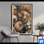 Poster Loewe Schlaeft In Blueten Hochformat Produktvorschau mit dem Bild Löwe schläft in Blüten im Format Hochformat.