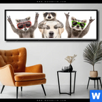 Poster Lustige Waschbaeren Mit Hund Panorama Produktvorschau mit dem Bild Lustige Waschbären mit Hund im Format Panorama.