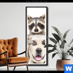 Poster Lustige Waschbaeren Mit Hund Schmal Produktvorschau mit dem Bild Lustige Waschbären mit Hund im Format Schmal.