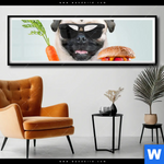 Poster Lustiger Hund Mit Burger Panorama Produktvorschau mit dem Bild Lustiger Hund mit Burger im Format Panorama.