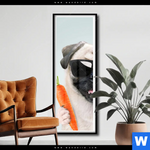 Poster Lustiger Hund Mit Burger Schmal Produktvorschau mit dem Bild Lustiger Hund mit Burger im Format Schmal.