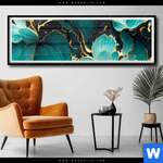 Poster Marmor Blueten In Tuerkis Gold Panorama Produktvorschau mit dem Bild Marmor Blüten in türkis & gold im Format Panorama.