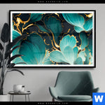 Poster Marmor Blueten In Tuerkis Gold Querformat Produktvorschau mit dem Bild Marmor Blüten in türkis & gold im Format Querformat.