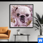 Poster Mops Im Bluetenmeer Quadrat Produktvorschau mit dem Bild Mops im Blütenmeer im Format Quadrat.