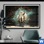 Poster Nashorn Zerstoert Wand Querformat Produktvorschau mit dem Bild Nashorn zerstört Wand im Format Querformat.