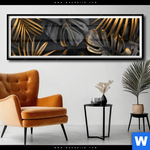 Poster Palmenblaetter Schwarz Gold Panorama Produktvorschau mit dem Bild Palmenblätter Schwarz Gold im Format Panorama.